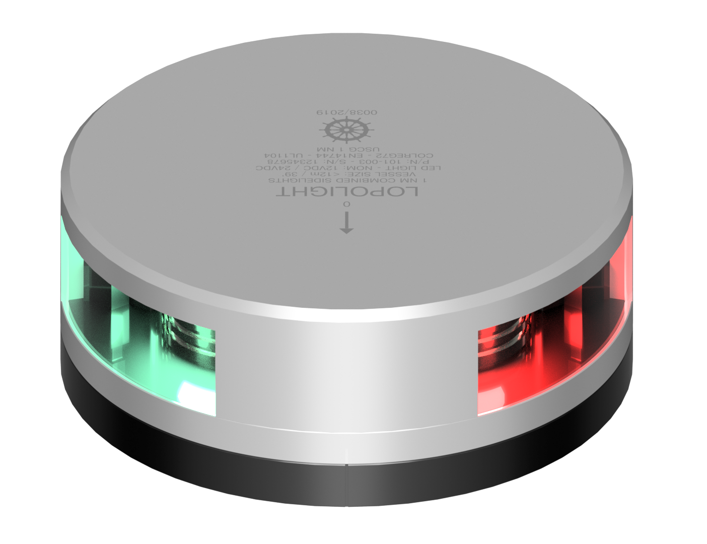 2nm 2x112,5° Red/Green Sidelight, silver w/FB base 2nm 2x112,5° Red/Green Sidelight, silver w/FB base